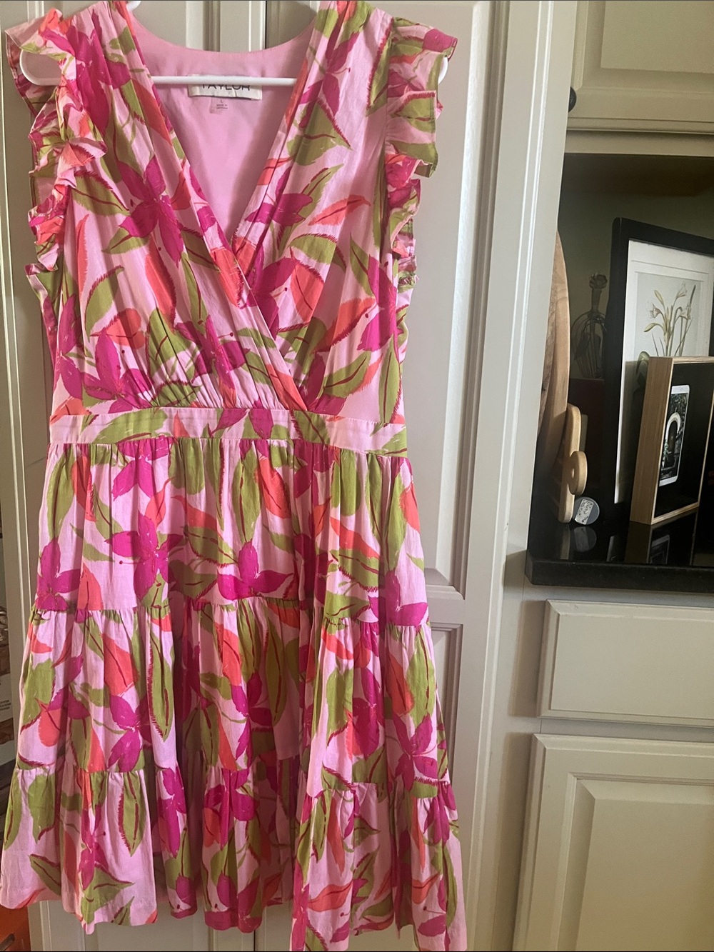 Taylor Pink Floral Midi Dress with Ruffle Sleeves